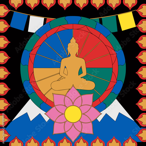 Buddha silhouette in meditation pose with lotus flower and colorful mandala background