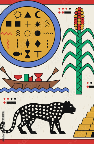 Ancient Mesoamerican civilization vector illustration with cultural symbols and icons