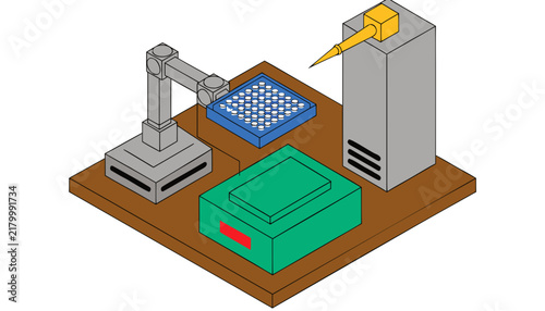 Isometric robotic arm assembly line for pharmaceutical pill manufacturing and automation.
