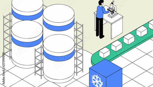 Isometric pharmaceutical manufacturing plant with scientist and conveyor belt production line