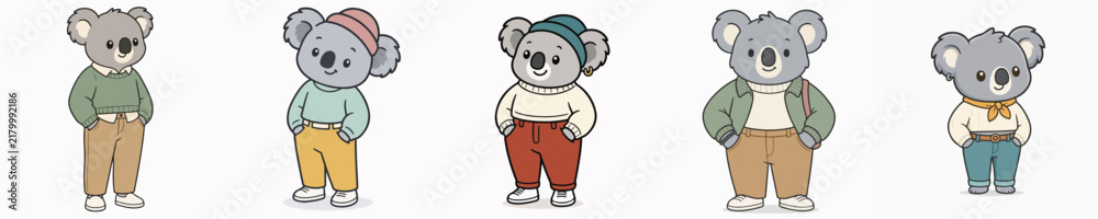 Obraz premium A set of vector illustrations featuring a cute koala in trendy attire, posing while standing with its hands in its pockets.