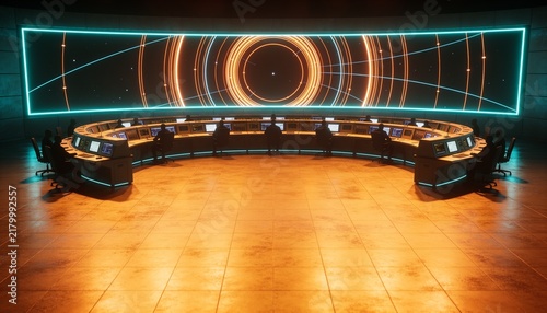Space mission control center with semicircular workstations, silhouetted staff at terminals, huge projection wall showing abstract orbital trajectory arcs in amber and cyan, dramatic contrast