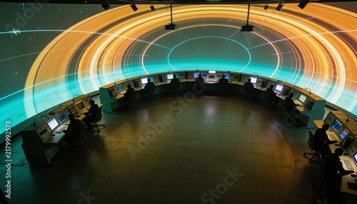 Space mission control center with semicircular workstations, silhouetted staff at terminals, huge projection wall showing abstract orbital trajectory arcs in amber and cyan, dramatic contrast