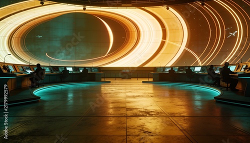 Space mission control center with semicircular workstations, silhouetted staff at terminals, huge projection wall showing abstract orbital trajectory arcs in amber and cyan, dramatic contrast