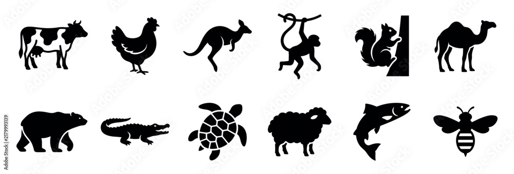 Fototapeta premium Collection of twelve black animal silhouettes featuring a cow, chicken, kangaroo, monkey, squirrel, camel, bear, crocodile, turtle, sheep, fish, and bee in a simple icon set