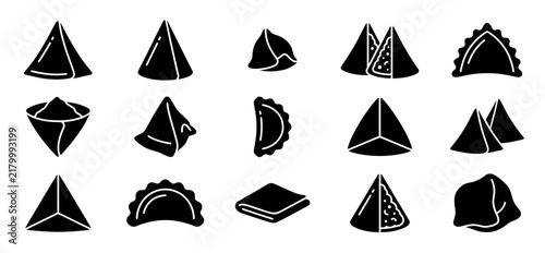 Samosa and dumpling black solid glyph icons collection featuring various triangular, folded, and crimped pastry shapes, including some cut to show the filling