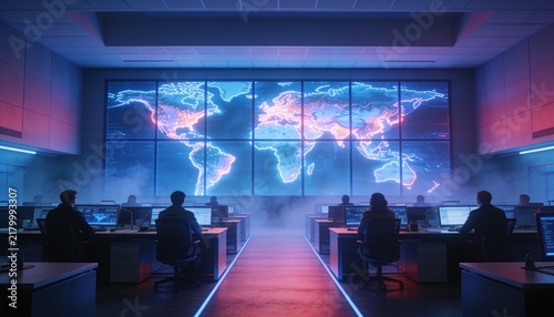 Symmetrical cybersecurity command room with central aisle between desk rows, back view operators, enormous glowing world map across nine panels, blue magenta gradient lighting, fog