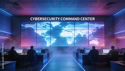 Symmetrical cybersecurity command room with central aisle between desk rows, back view operators, enormous glowing world map across nine panels, blue magenta gradient lighting, fog