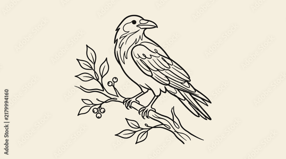 Obraz premium Elegant black raven on branch in minimalist line style for holiday decorations