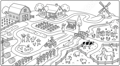 Принти на полотні Farm life coloring book page with animals and rustic barn.