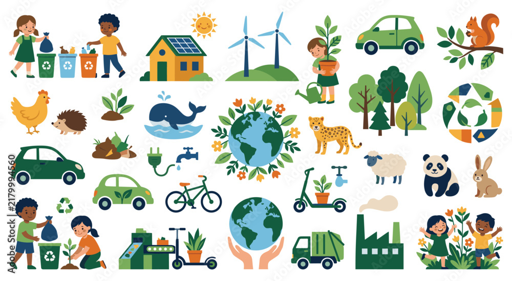 Fototapeta premium Ecological sustainability elements set with earth globe.