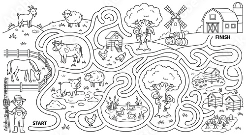 Foto Farm maze coloring book page with cute animals and farmer.