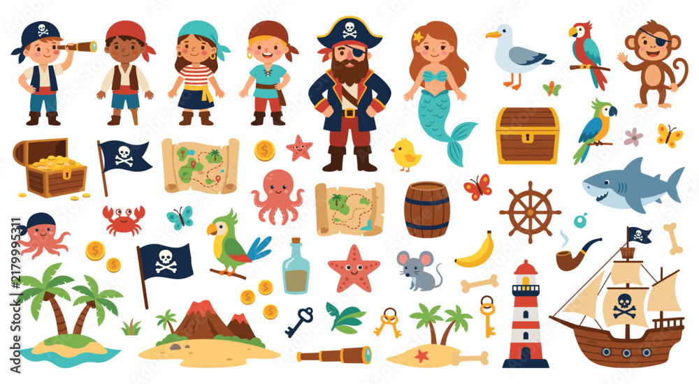 Fototapeta premium Pirate collection set island treasure hunt adventure kids.