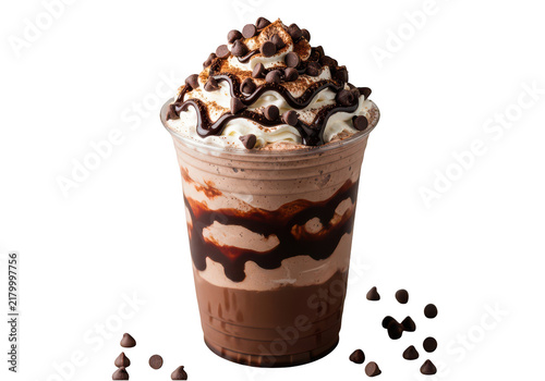 Chocolate milkshake with whipped cream and syrup isolated on transparent background