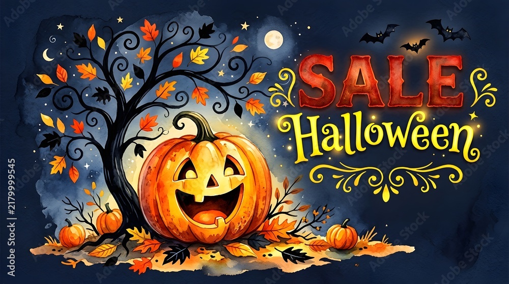 Fototapeta premium Watercolor halloween sale illustration with pumpkin