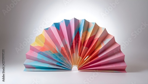 Modern pastel paper fan sculpture, layered geometric folds, soft shadows, creative abstract design