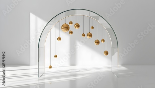 Artistic glass arch with suspended golden spheres, clean white backdrop, elegant contemporary
