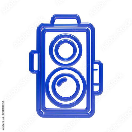 Fotografie Glossy blue 3d vintage twin lens reflex camera symbol with vertical body on blac