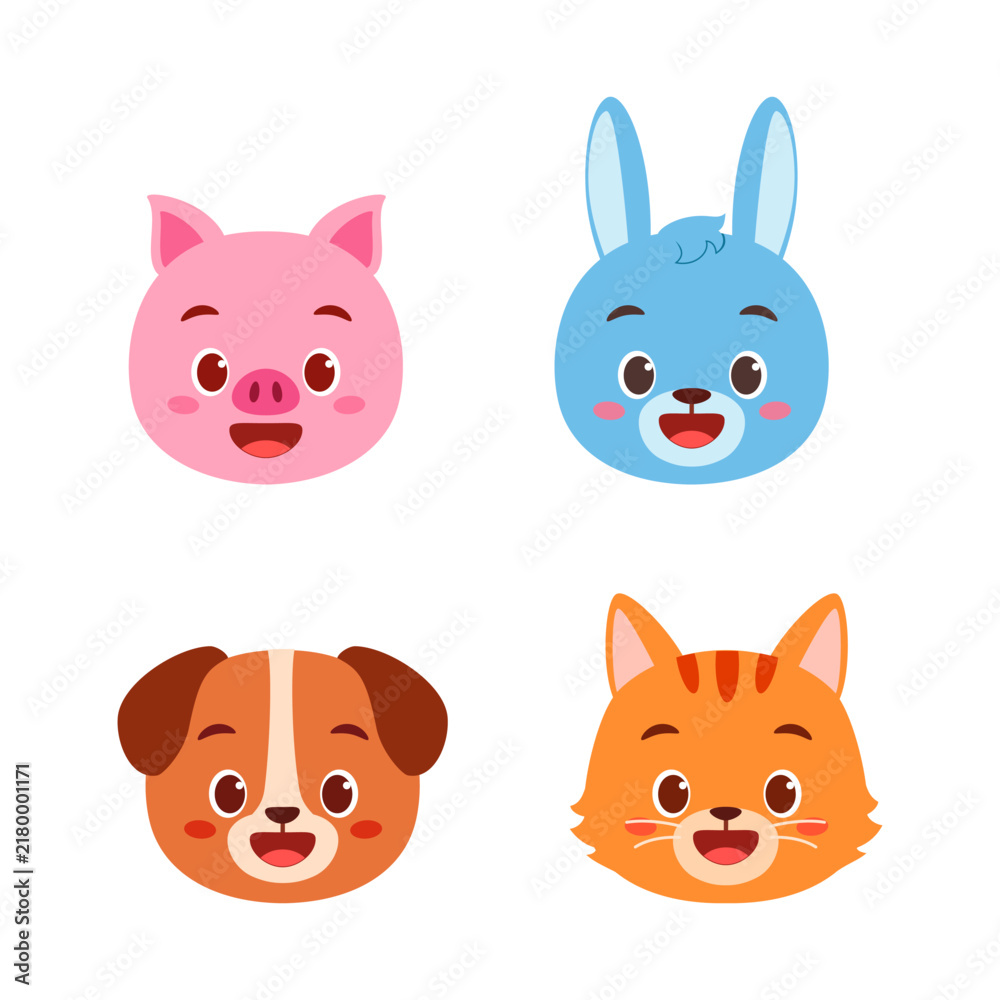 Fototapeta premium A collection of cute happy smiling cartoon animal faces including a pig rabbit dog and cat illustration