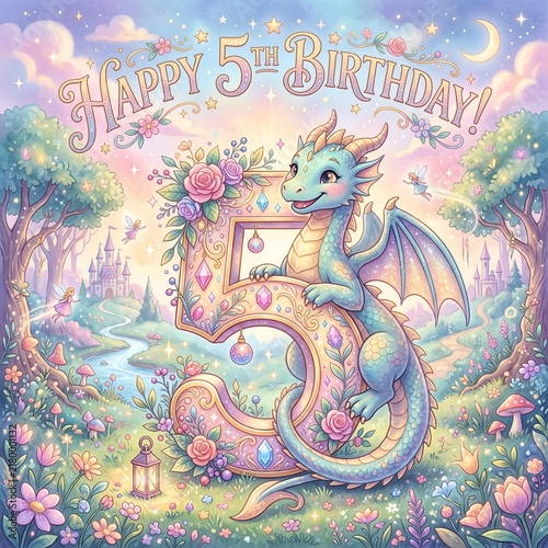Cute dragon celebrating fifth birthday beside giant floral number five
