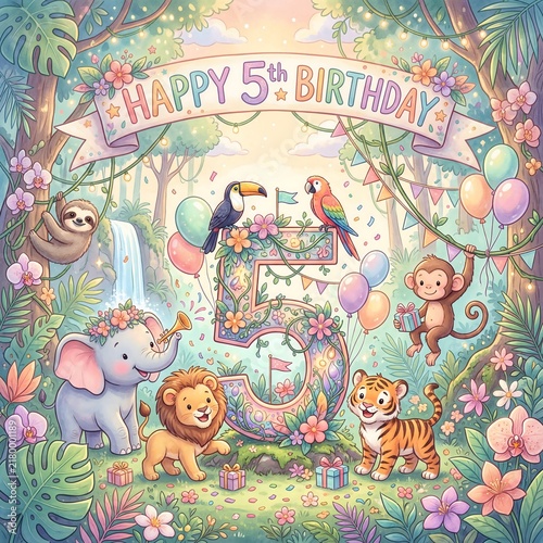 Jungle animals celebrating fifth birthday around giant floral number five