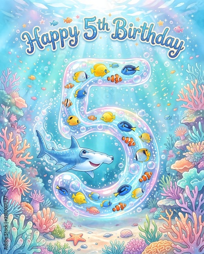 Shark and tropical fish swimming inside number five for fifth birthday