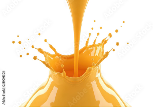 Orange liquid pouring and splashing with dynamic droplets isolated on transparent background
