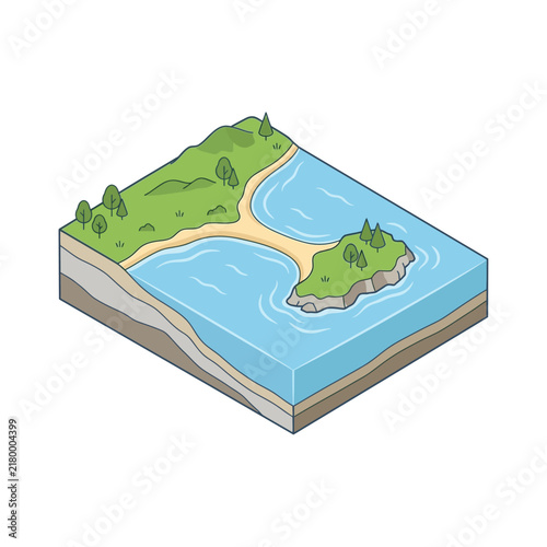 Isometric View of a Coastal Peninsula Landscape with Tropical Beach and Ocean Water Cross Section