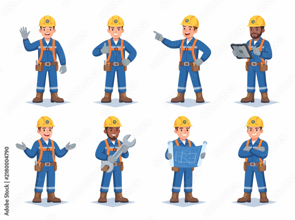 Fototapeta premium Industrial engineer character set with safety gear and construction tools in various poses