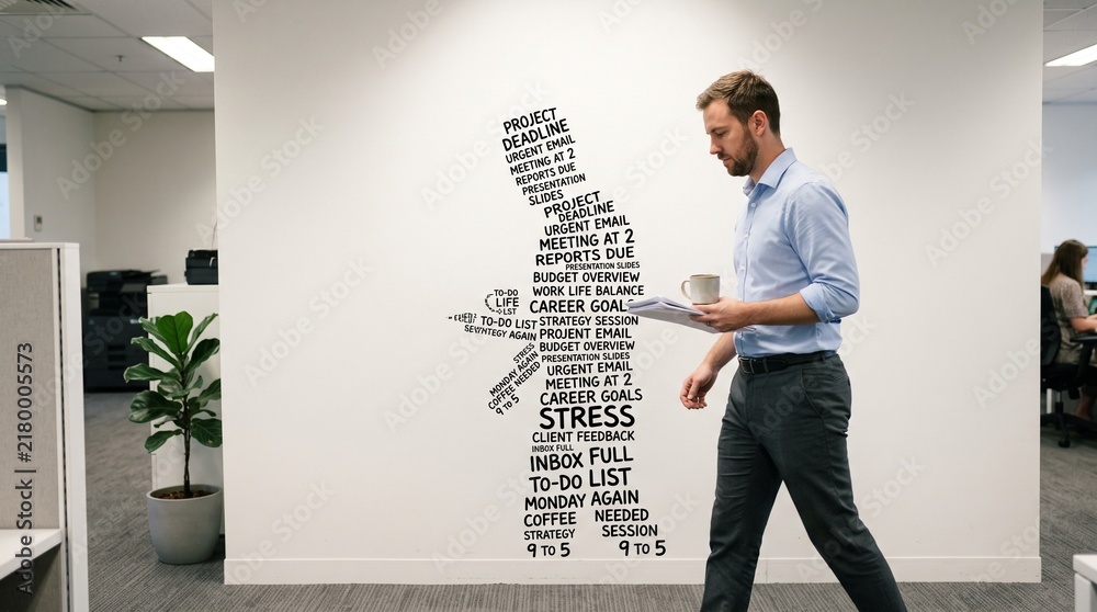 Obraz premium A businessman walks past a wall art depicting a stressed figure made of words related to work and life pressures.