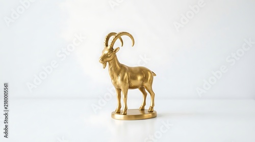 A golden goat statue standing on a white surface with a plain background