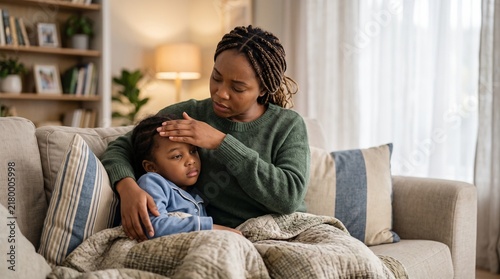Mother Checking Fever of Sick Young Daughter at Home with Care and Concern While Sitting on the Living Room Sofa