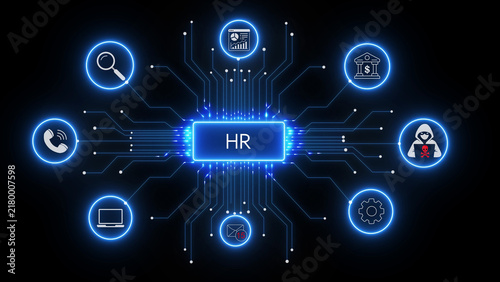 Fotografía Hr concept displayed with glowing blue circuitry network and various corporate o