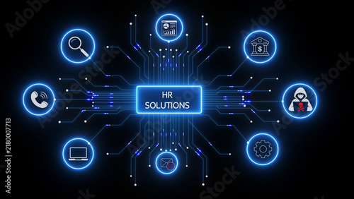 Fotografía Hr solutions concept displayed with glowing blue circuitry network and various c