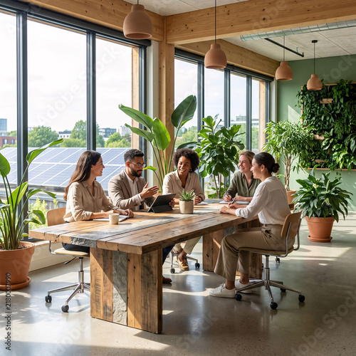Diverse colleagues having productive business meeting in modern sustainable workplace with indoor plants laptops teamwork collaboration and professional corporate environment
