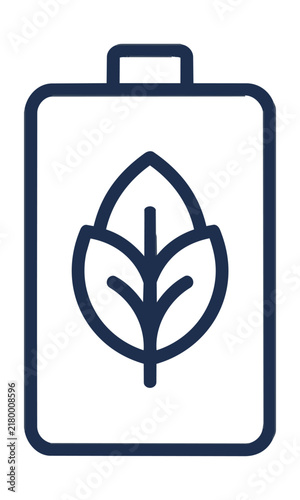 Minimalist line art battery icon with a stylized leaf silhouette symbolizing renewable power and sustainability on white background. Clean energy technology concept