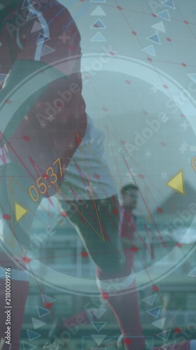 Animation of data processing and scope scanning over diverse rugby players at stadium