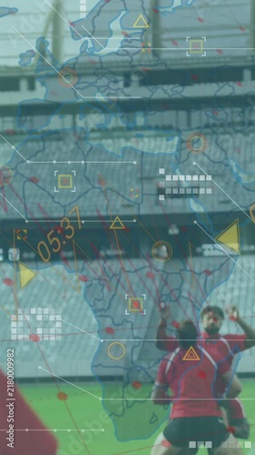 Animation of data processing and world map over diverse rugby players at stadium