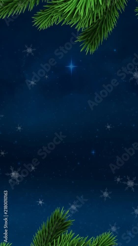Animation of snow falling with fir tree branches and copy space over stars and night sky