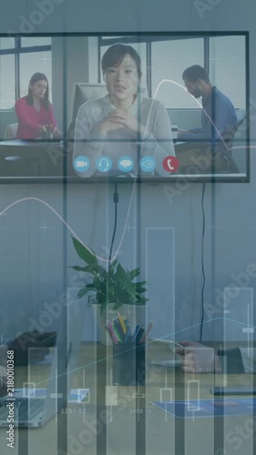 Animation of multiple graphs moving over diverse coworkers discussing over video call in meeting