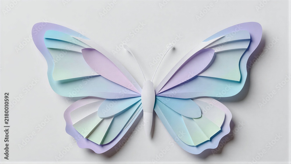 Fototapeta premium Pastel paper butterfly with layered wings, soft shadows on white background.
