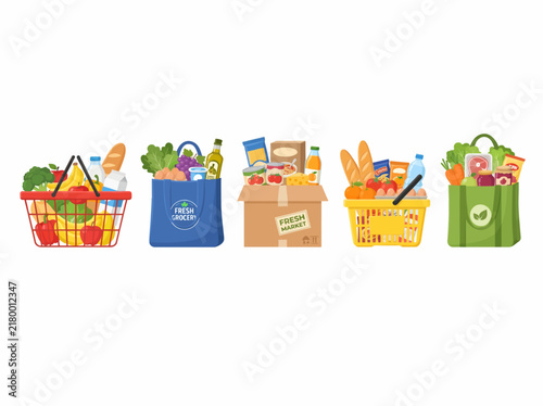 Supermarket grocery shopping baskets and bags with fresh food products and produce vector