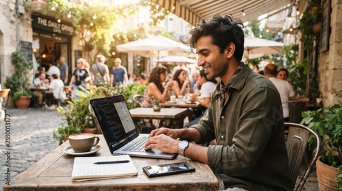 Man working on laptop at outdoor cafe table with coffee cup and notebook on wooden surface with typing laptop cafe setting professional technology