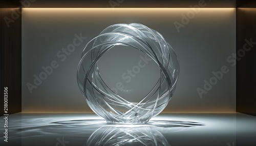 Abstract glass ribbons forming a flowing circular shape, transparent material, clean luxury studio background