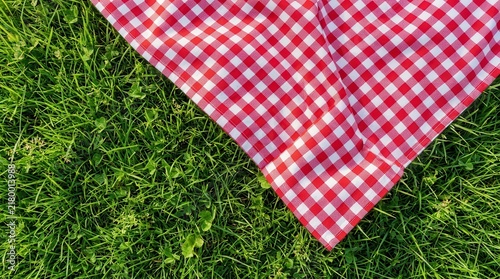 A red and white gingham picnic cloth spread on a lush green grass lawn background.