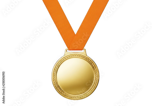 Shiny gold medal with an orange ribbon for competition winner isolated on transparent background