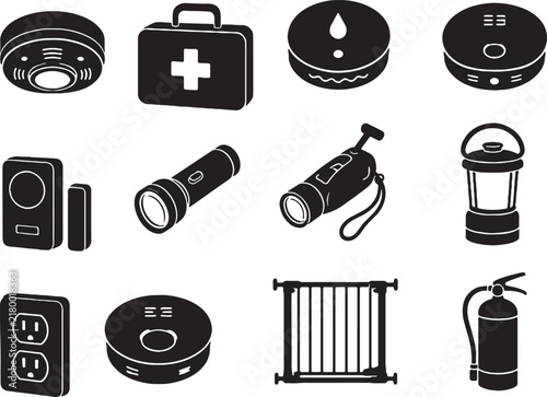Home Safety Equipment Black Silhouette Clipart Collection