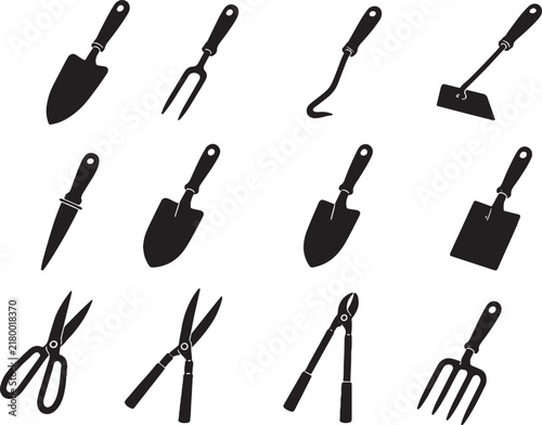 Garden Hand Tools Black Silhouette Clipart Collection