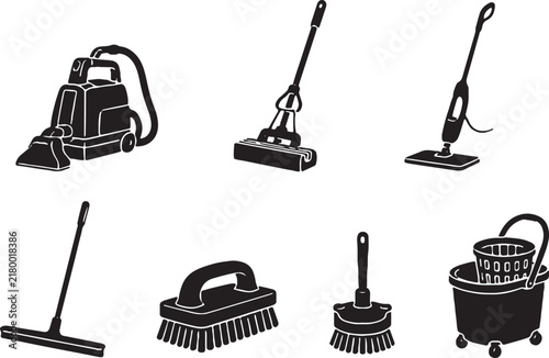 Floor and Carpet Cleaning Equipment Black Silhouette Set