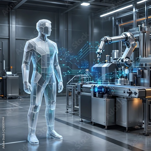 Naklejka Digital twin concept representing human-machine collaboration, workforce simulation and industrial process optimization.
